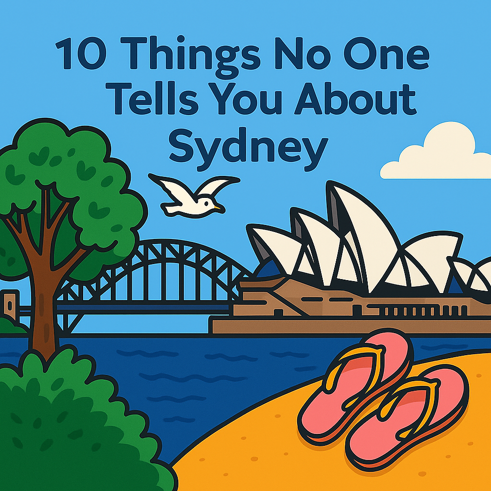 Cartoon of Sydney Opera House, bridge, tree, and seagull. Pink flip-flops on sandy beach. Blue sky with clouds. Vibrant and cheerful.