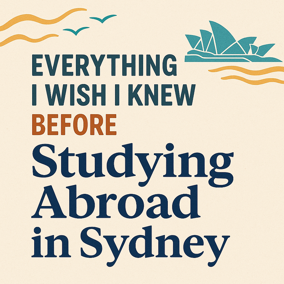Text reads "Everything I Wish I Knew Before Studying Abroad in Sydney" with teal Sydney Opera House, waves, and birds on a beige background.