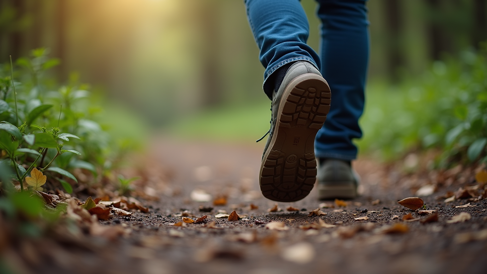 Close-up view of a person’s feet walking on a forest path