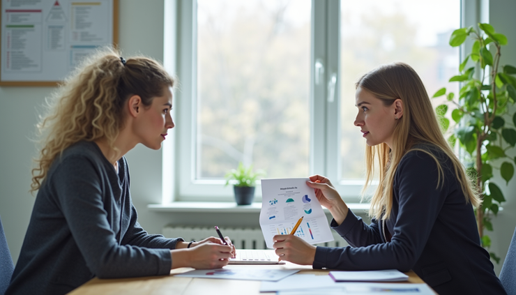 Eye-level view of a career counsellor discussing options with a young adult in a cozy office
