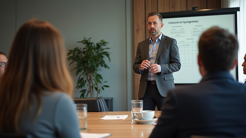 High angle view of a workshop facilitator speaking to attendees