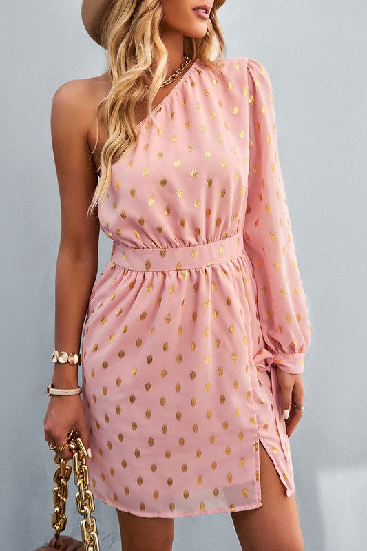 Thumbnail: The Heather one shoulder, polka dot dress