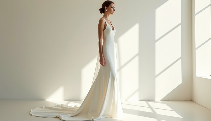 Eye-level view of a bride wearing a modern minimalist wedding dress with clean lines