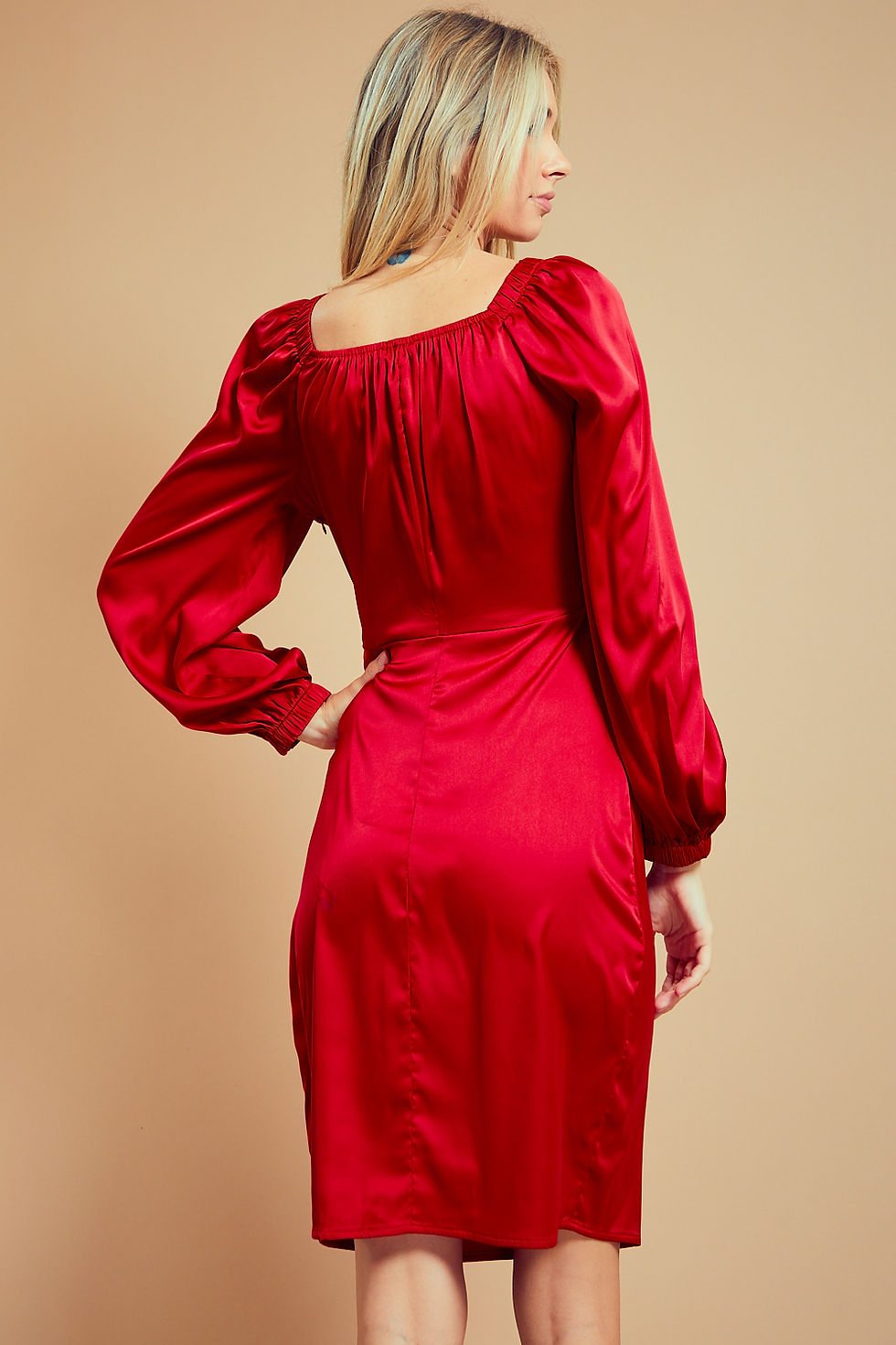 Thumbnail: LVN5153 - Stretched solid silky satin mini dress