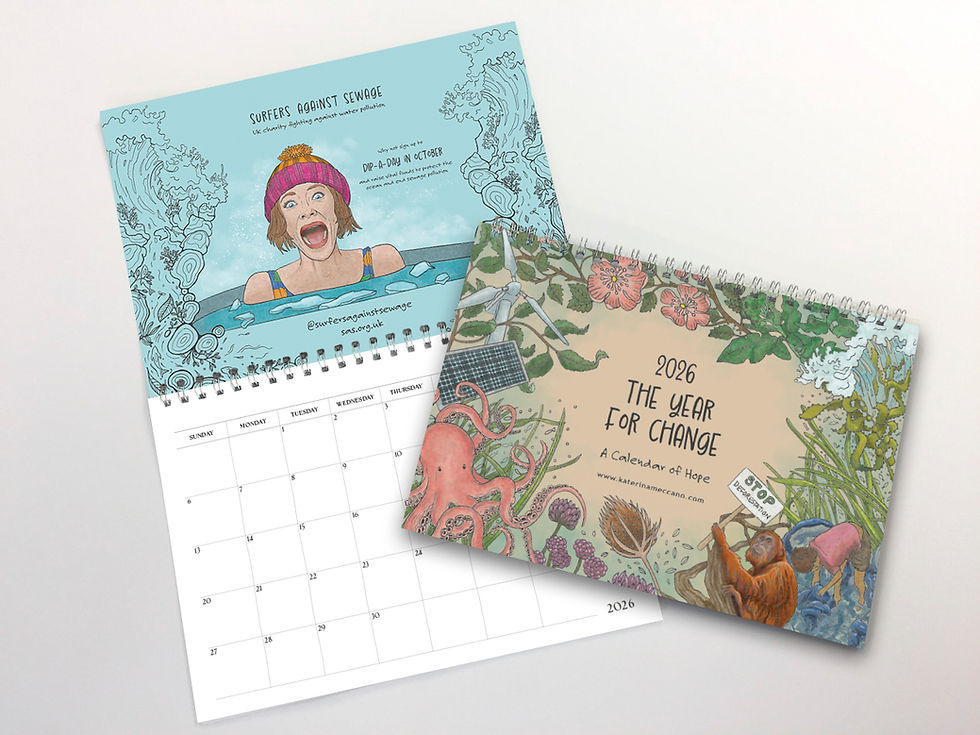 Illustrated Charity Calendar cover and open spread showing cold water swimmer