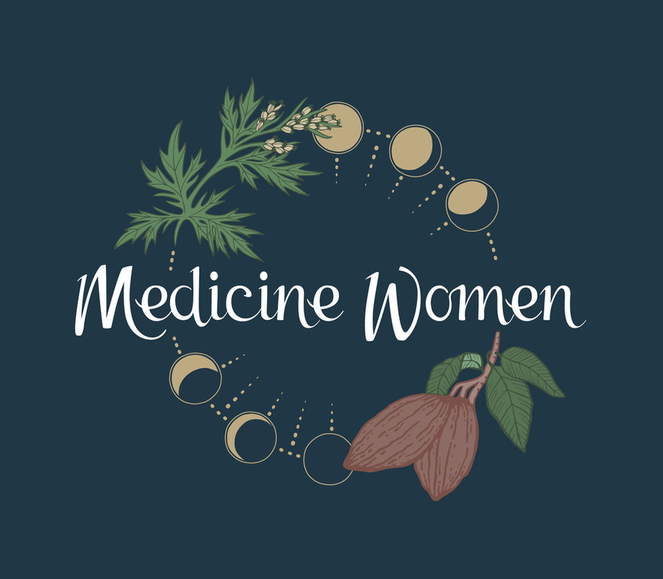 Logo depicting illustrations of mugwort, cacao and the moon cycle.