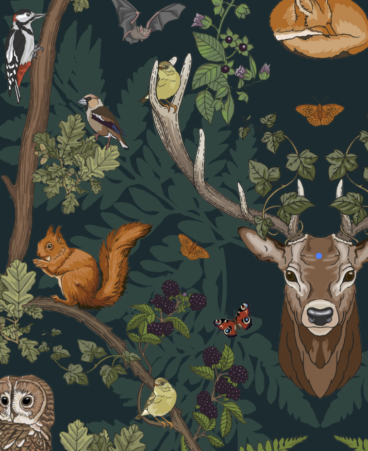 Surface pattern design featuring stag, squirrel, butterflies, oak leaves agains dark background