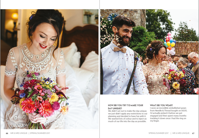 Magazine spread showing a bride with her bouquet and then walking with the groom being showered by confetti