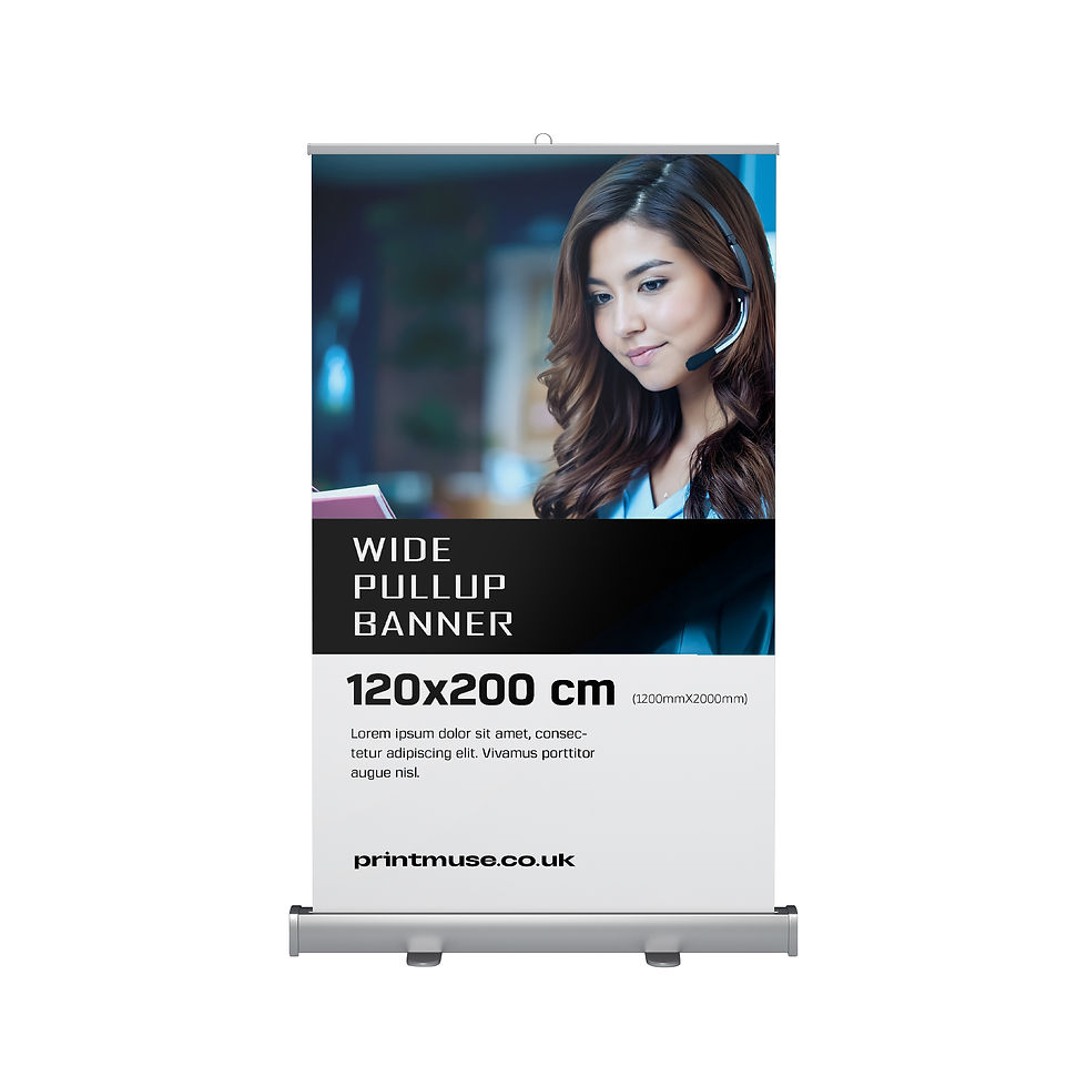 Wide pull-up banner display showing a printed design with a professional woman wearing a headset