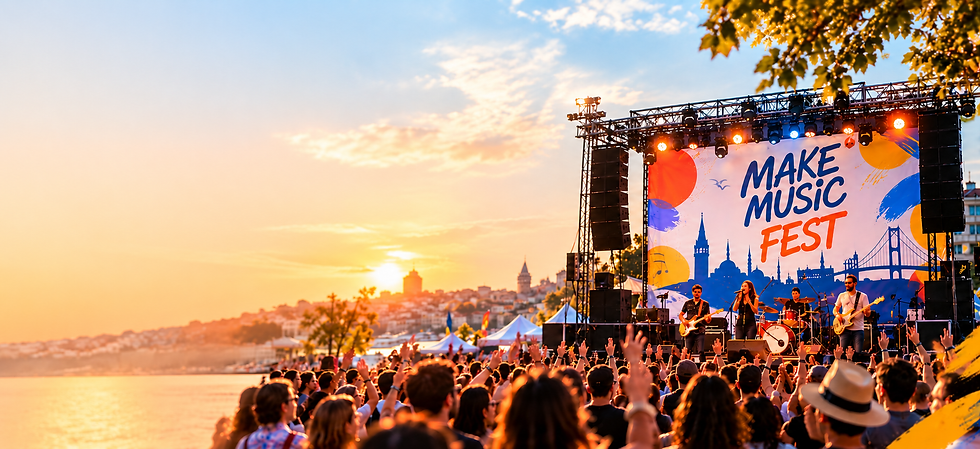 Müzik festivalinde sahne alan müzik grubu ve izleyiciler
