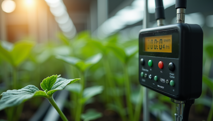 Eye-level view of a sensor controller device connected to various plant sensors in a home garden setup