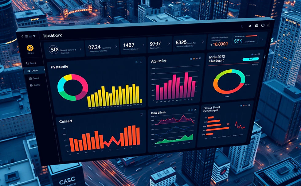 Aerial view of a city with a colorful data dashboard overlay showing charts and graphs. Blue and orange hues create a futuristic mood.