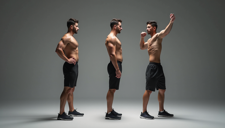 Eye-level view of a person performing a fitness pose with body joint tracking overlay
