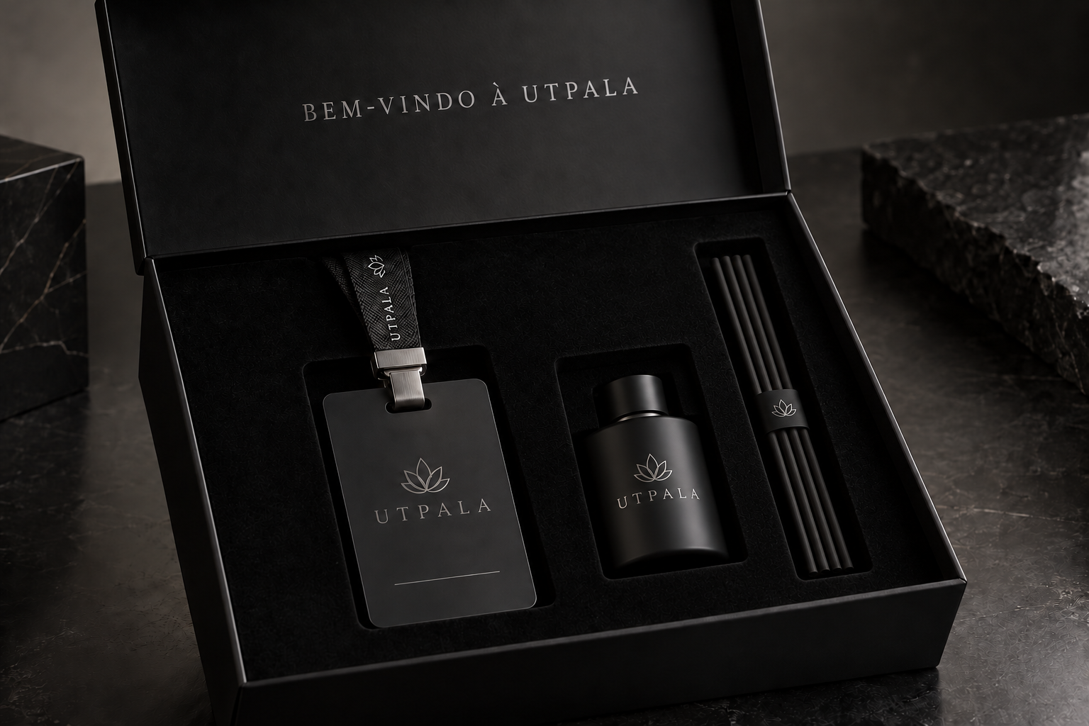 Kit de boas-vindas Utpala com difusor e porta-crachá em caixa personalizada