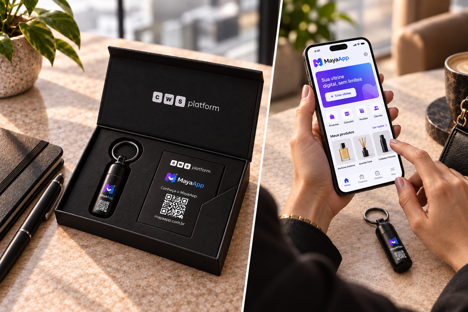Kit de lançamento CWS com chaveiro, cartão com QR Code e demonstração do MayaApp no celular