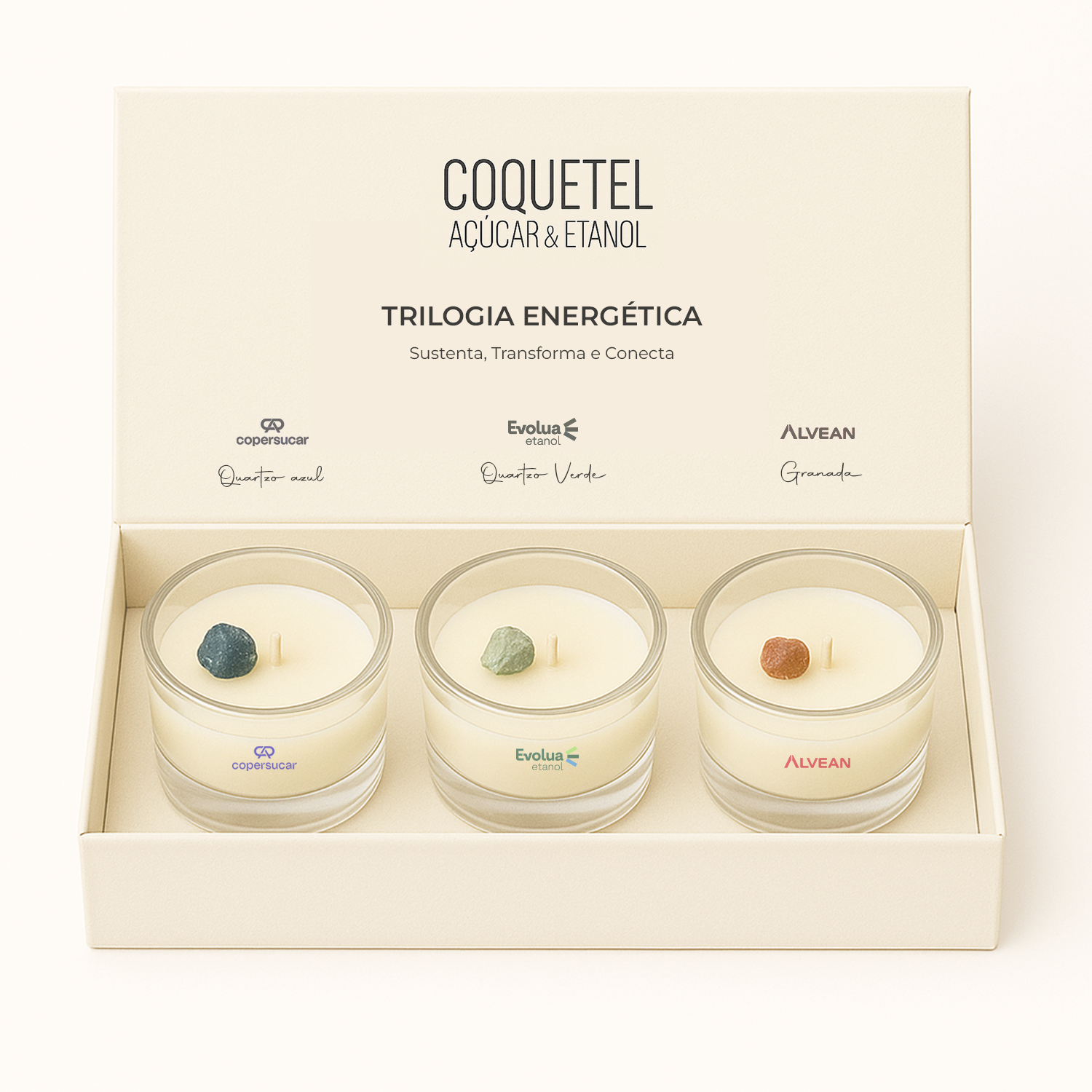 Referência Coquetel Açúcar & Etanol: Evento · trilogia de velas · embalagem