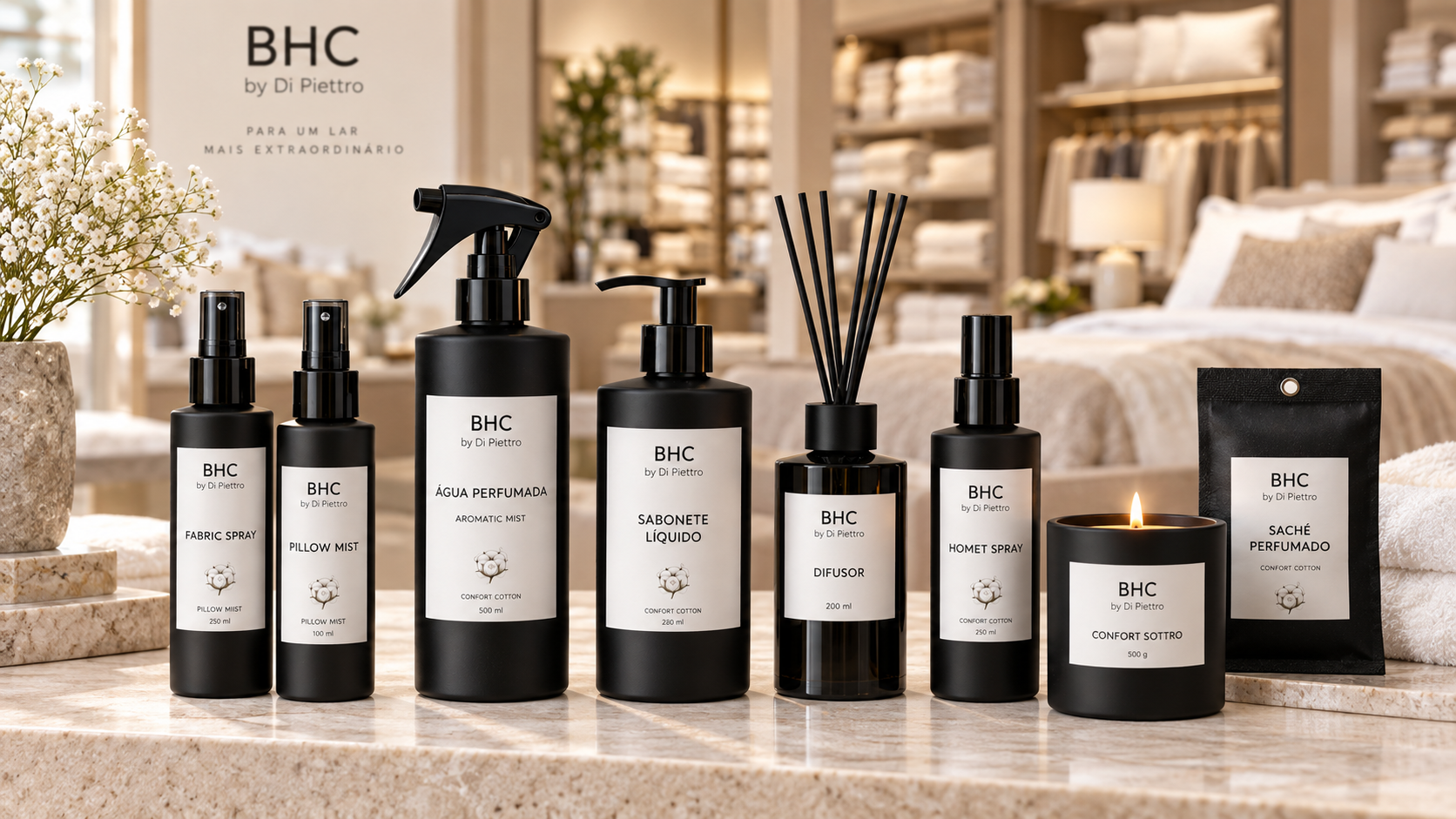 Coleção BHC by Di Piettro: difusor, vela, sprays, sabonete e sachê perfumado