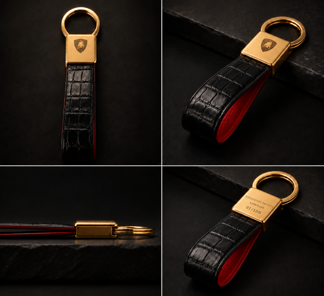 Chaveiro personalizado em couro preto e dourado, apresentado em quatro ângulos