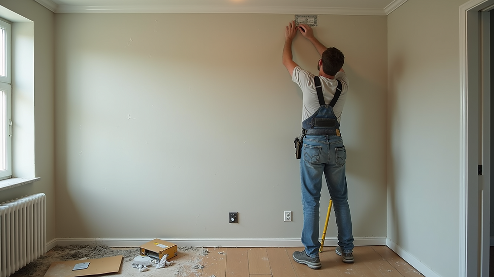 High angle view of a handyman repairing drywall in a residential interior