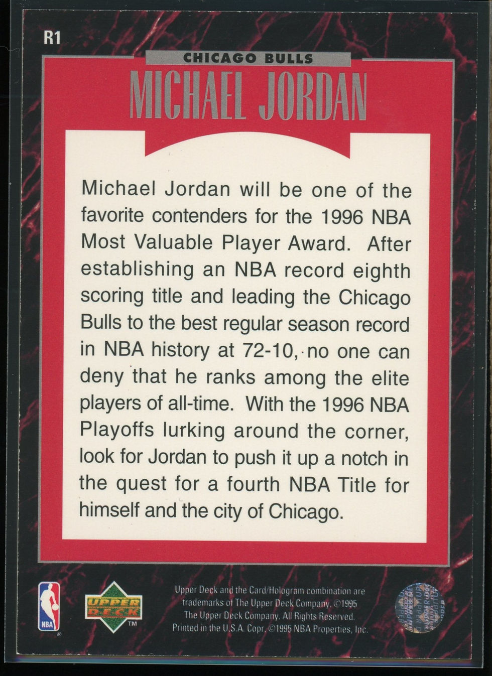 Thumbnail: 1995-96 Upper Deck - Predictor MVP #R1 EXCH - Michael Jordan