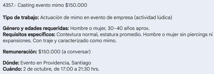 Casting evento mimo $150.000
