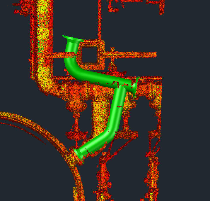 3D point cloud showing piping route aligned to a tank flange nozzle including curved pipe sections and connection fit up for plant installation