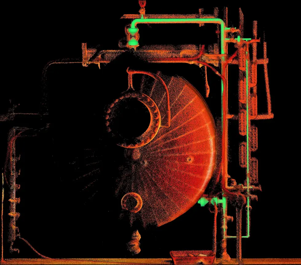 3D point cloud model of an industrial boiler system showing piping layout, valves, and instrumentation for plant engineering design and installation