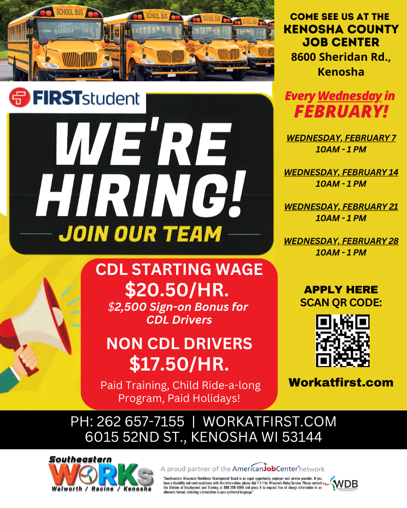 2/7/2024 HIRING EVENT 10AM1PM FIRST STUDENT KENOSHA COUNTY JOB
