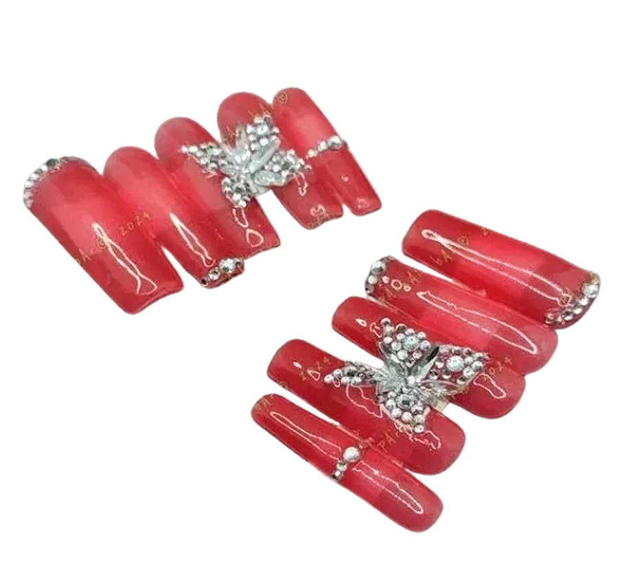 Red butterfly press-on nails with rhinestones