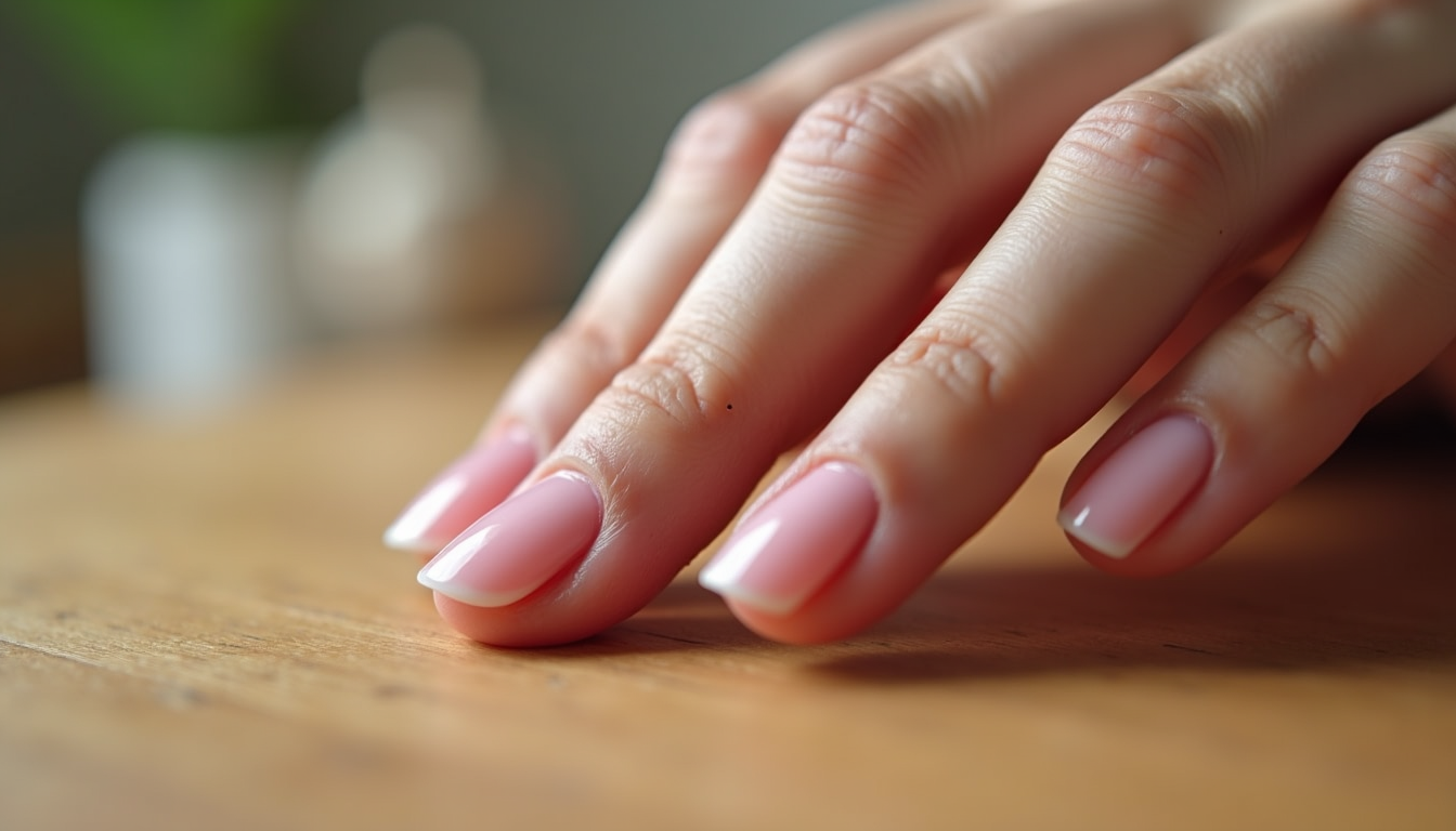 Close-up view of neatly filed and moisturised nails on a wooden surface