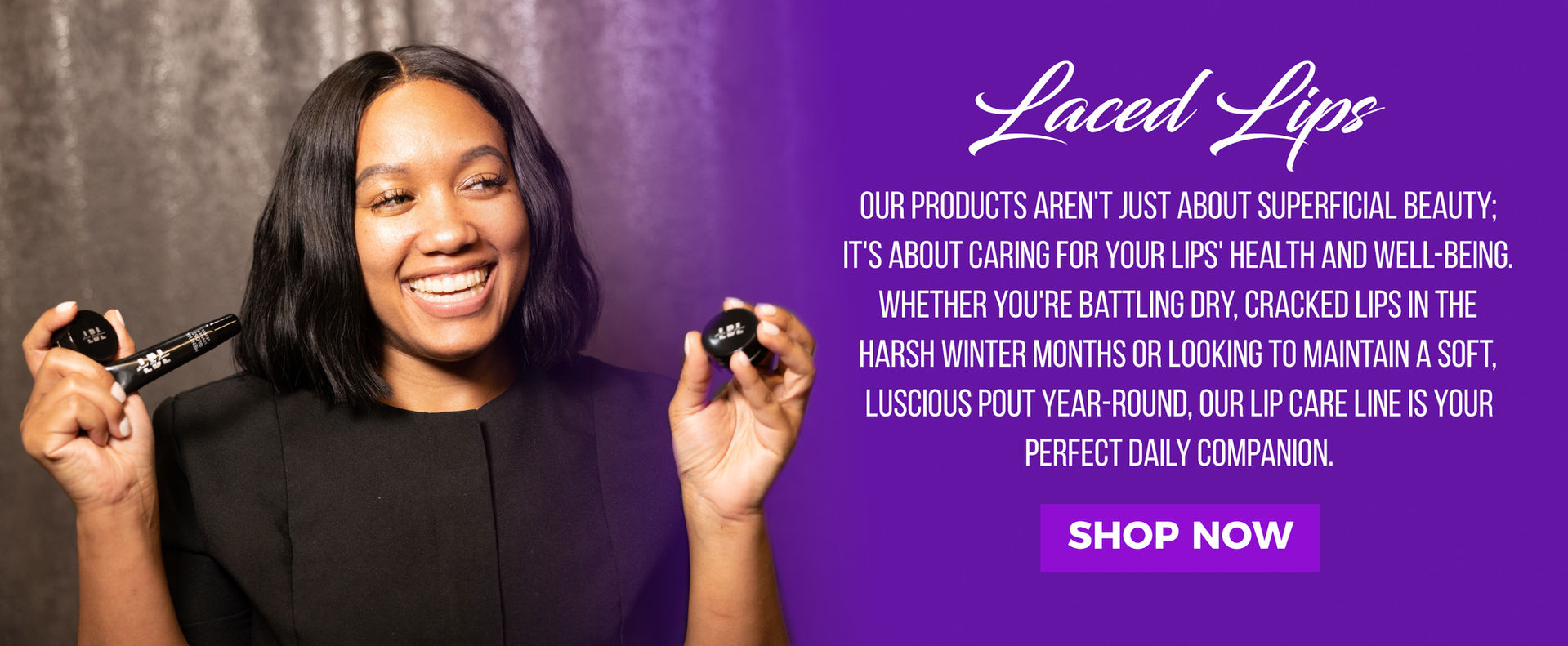 Laced Lips: Woman holding lip care products, Shop Now