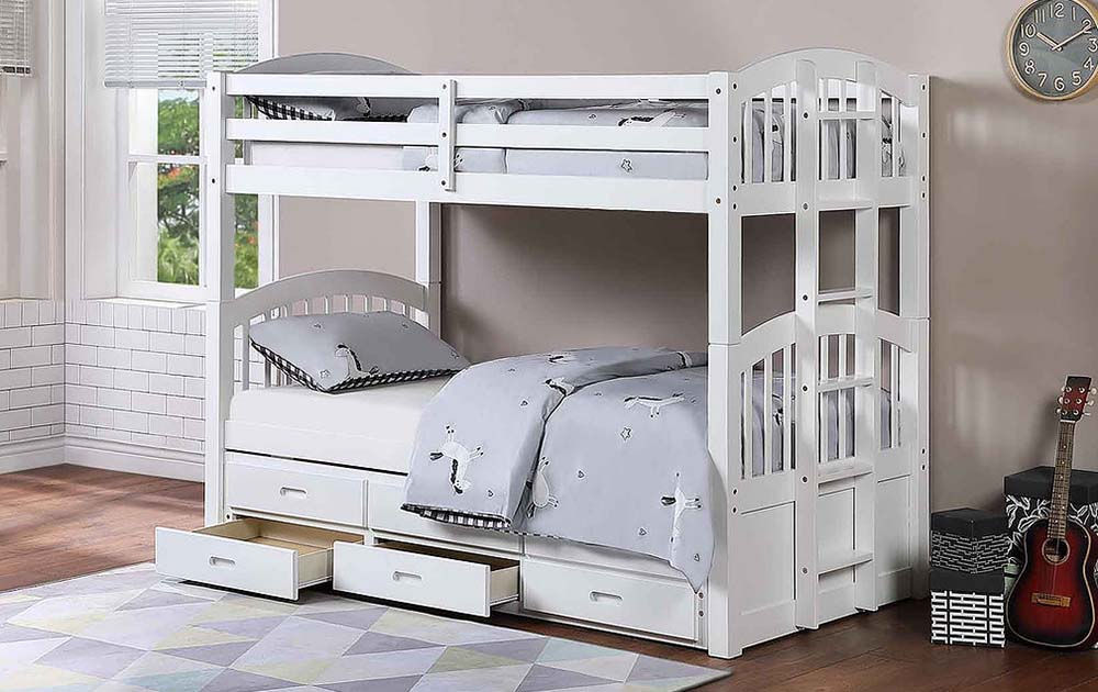 Twin over Twin Bunk Bed with Trundle Storage | White