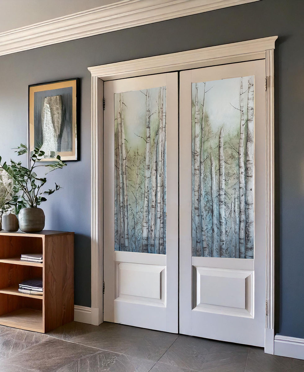 Kilnformed Glass Art Door Inserts in Misty Forest landscape, bringing nature inside your home. Soft greens and blues create a beauty backdrop for this birch trees in these glass art pieces.