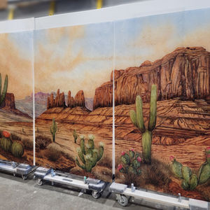 Dawn in the Desert (The Arizonia Project)
This glass art project was created here in Edmonton then installed by the clients in their Arizonia home. It depicts a desert landscape at dawn, characterized by peach-colored clouds prominent rock formations, and an array of cacti. This piece is highly detailed and employs greater realism compared to most of my other works.