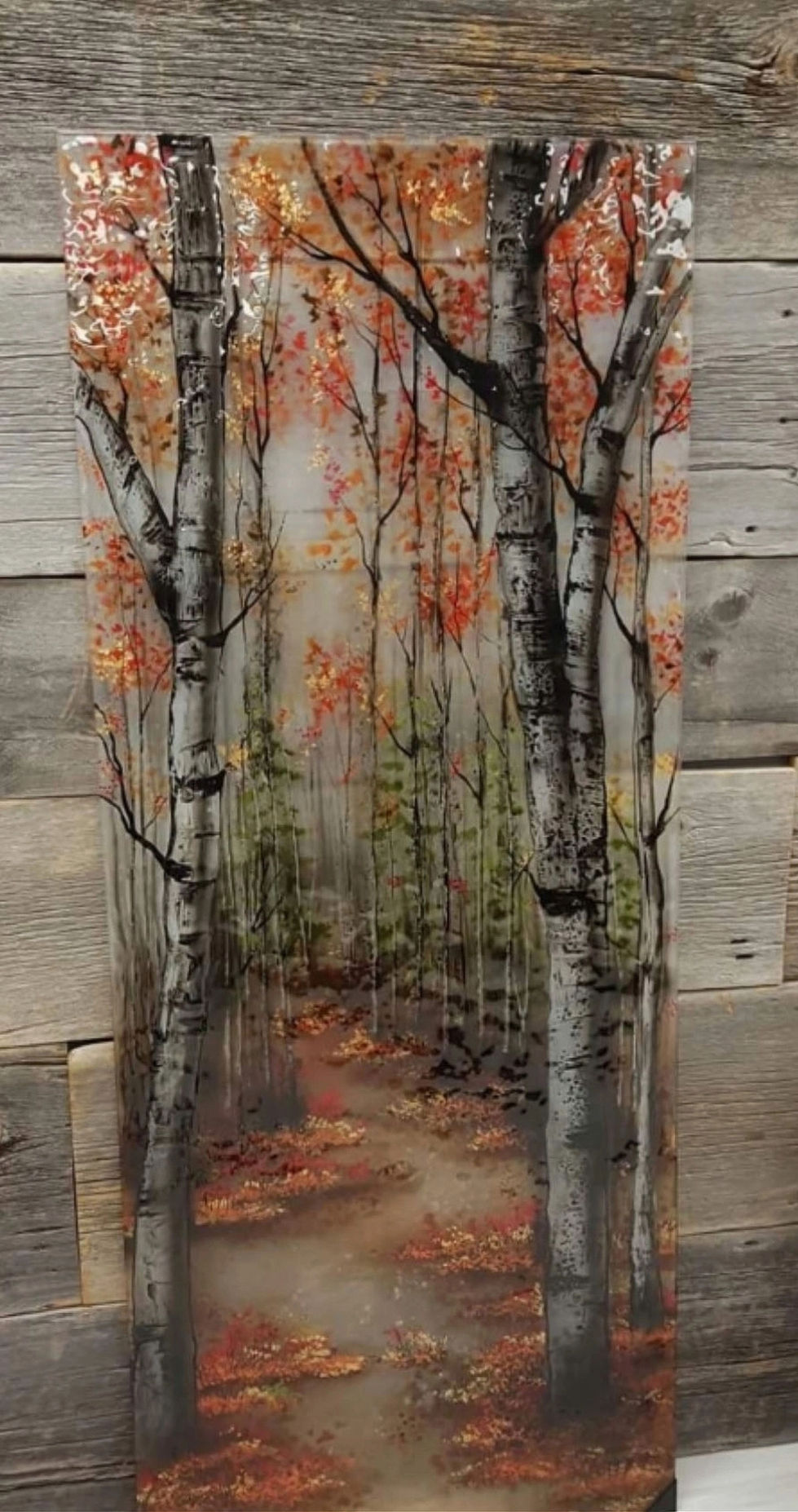 A Walk in the Wood : Glass Art Decor
Features a beautiful birch tree forest in the autumn, orange, red, gold and bronze leaves can be seen on the ground and in the trees, offset by a soft grey background. Glass Art, Birch tree art glass, decor for homes