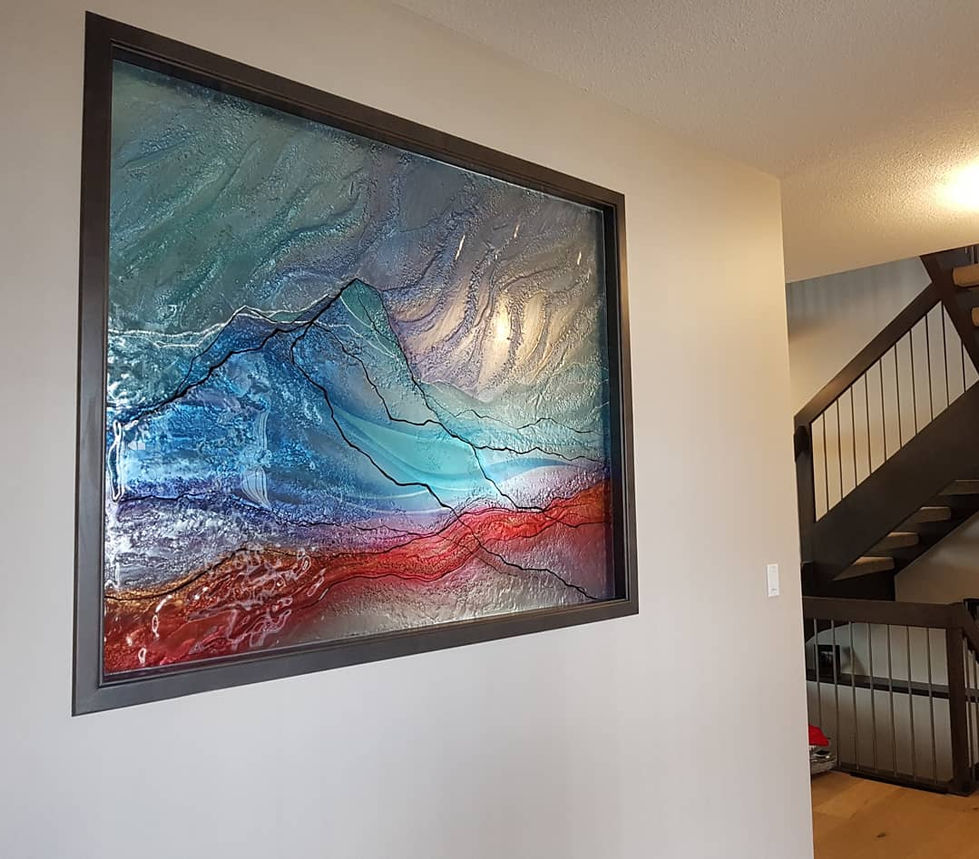 Mountain Abstract (Glass Privacy Panel) showcases a 10mm glass art panel with kilnformed texture and an abstract design inspired by mountain landscape and northern lights. Decorative Glass, Frost Glass, Stain Glass Alternative.