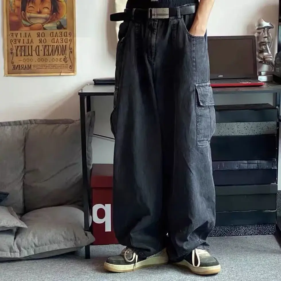 Thumbnail: Baggy Jeans Men's Oversize Cargo Korean Black Wide Pants Streetwear Hip Hop Hara