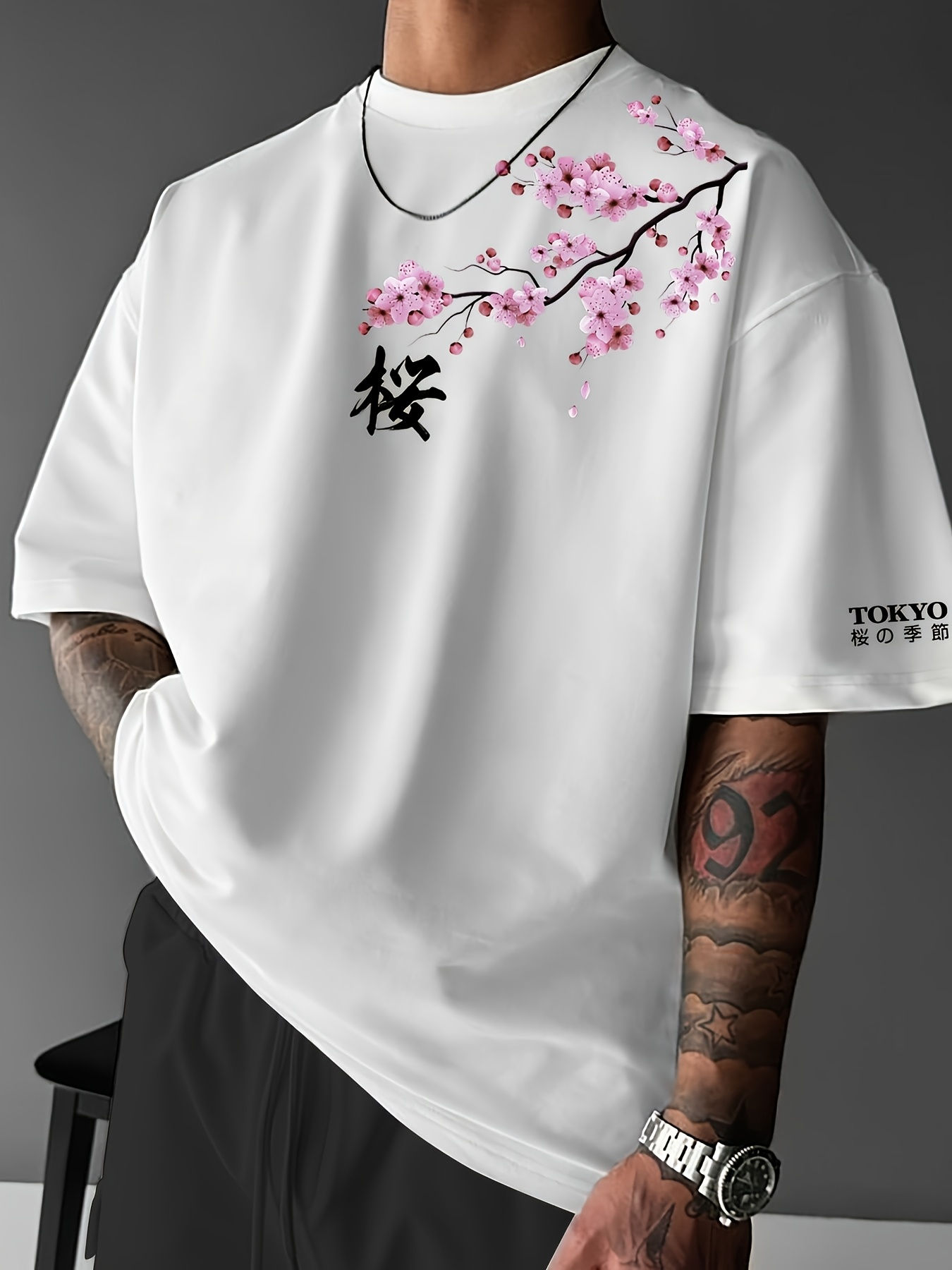 Summer Men Cherry Blossom Pattern Japanese Style Loose-Tee Shirt Suitable for Da