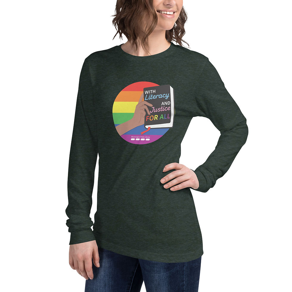 Thumbnail: Model wearing a Long Sleeve Shirt with a circle made of rainbow stripes and a hand holding a book
