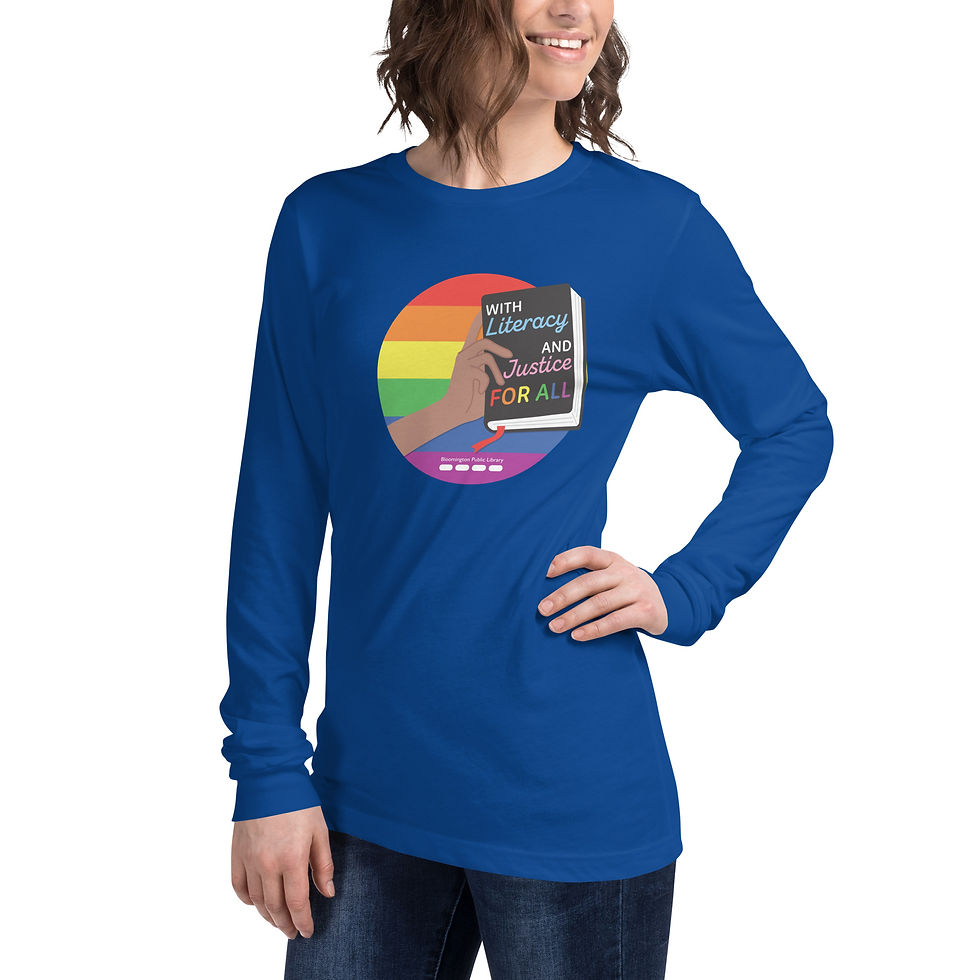 Thumbnail: Model wearing a Long Sleeve Shirt with a circle made of rainbow stripes and a hand holding a book