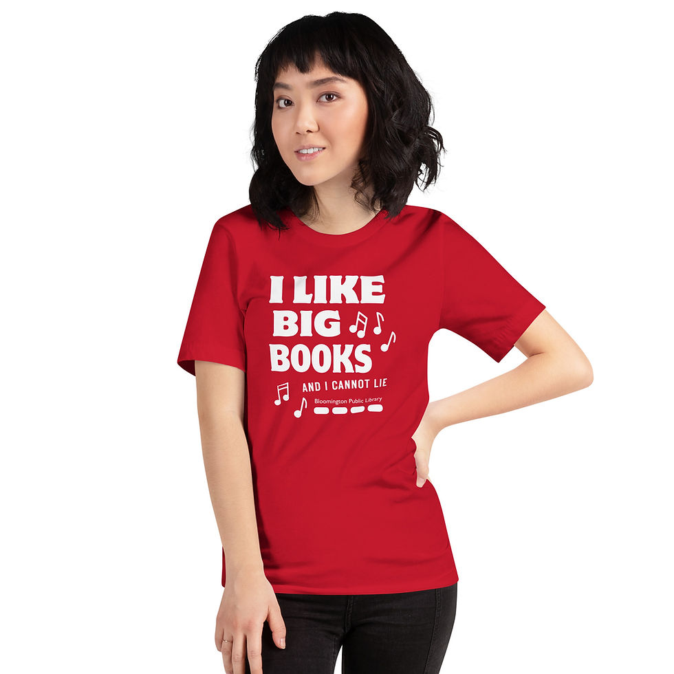 Thumbnail: Model showing a t-shirt with a graphic that reads "I like big books and I cannot lie"