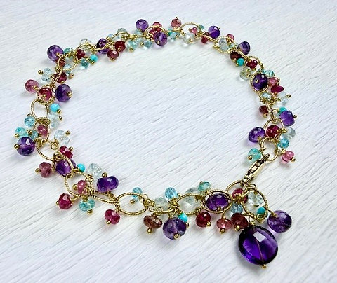 Amethyst, Ruby, Topaz and Turquoise Cluster Bracelet in Gold