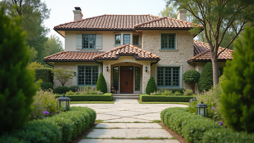 Close-up view of a luxury home exterior with manicured landscaping
