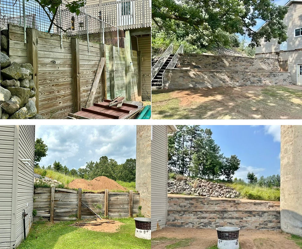 before and after of replacing failing timber walls with block retaining walls. 