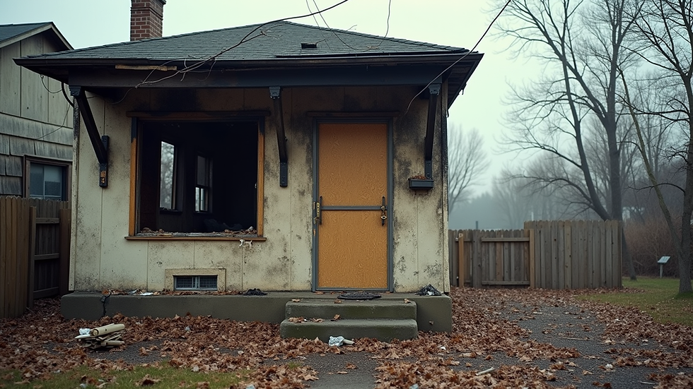 Eye-level view of a boarded-up house after fire damage