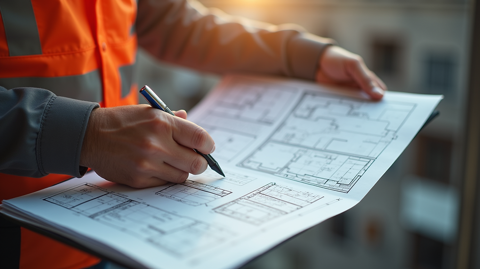Close-up view of a contractor reviewing fire damage repair plans