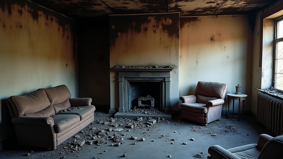 Eye-level view of a charred living room after a fire incident