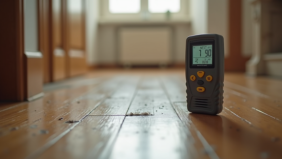 Close-up view of a moisture meter measuring dampness on a wooden floor