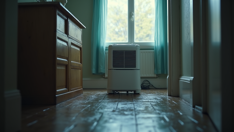 Eye-level view of a dehumidifier running in a damp room
