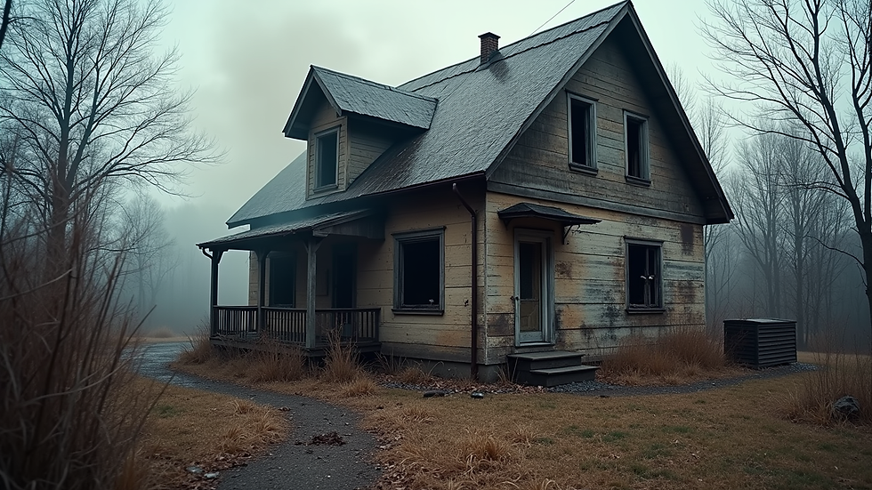 Wide angle view of a fire-damaged house exterior with visible smoke stains